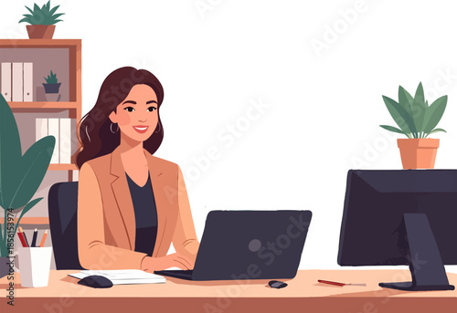 A flat-style illustration shows a smiling professional woman working on a laptop at a tidy office desk with plants, stationery, and a computer monitor in a modern workspace.