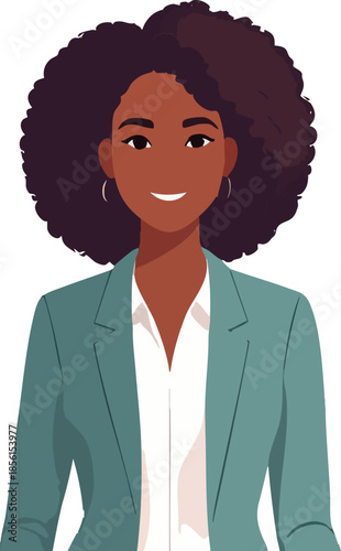 A flat-style illustration depicts a confident, smiling professional woman with natural curly hair wearing a blazer and blouse, shown in a clean portrait view against