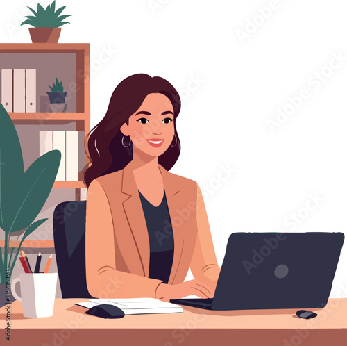 A flat vector illustration depicts a smiling professional woman working on a laptop at a modern office desk with plants, books, and stationery against