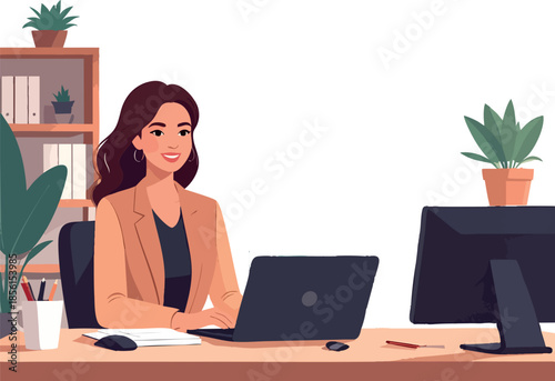 A flat-style illustration shows a smiling professional woman working on a laptop at a tidy office desk with plants, stationery, and a computer monitor in a modern workspace.