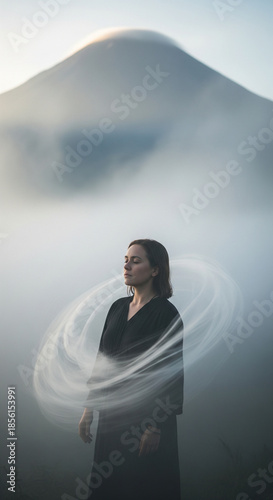 woman, dress, long dress, flowing, light, sunlight, sunbeam, misty, foggy, mountains, peaks, landscape, natural, meadow, grass, trees, bushes, foliage, nature, serene, peaceful, tranquil, morning, daw