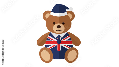 Teddy Bear Wearing Union Jack Suit and Santa Hat - Festive British Character Illustration
