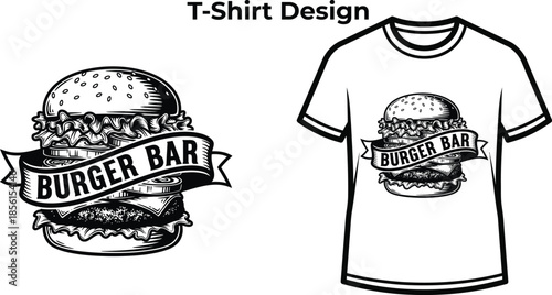 T-shirt design of Burger bar typography with sandwich icon for fast food logo, tasty lunch meal badge, delicious dinner emblem and isolated on transparent restaurant graphic illustration