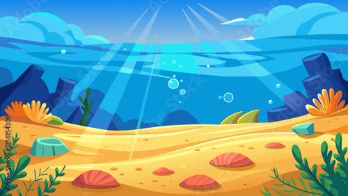 Vibrant animated underwater world illustration with sparkling sunbeams illuminating a tranquil sandy ocean floor adorned with colorful shells and diverse marine plants