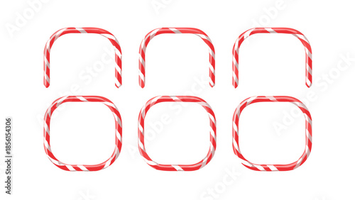 Collection of Six Cheerful Red and White Striped Candy Cane Style Decorative Frames and Borders, Perfect for Festive Holiday Season Designs and Celebrations