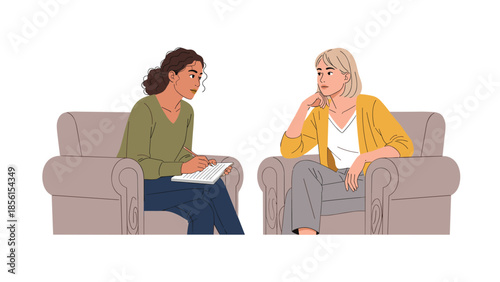 Empathetic therapist with curly hair actively listening and taking notes while blonde client shares her thoughts during a counseling session.