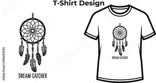 T-shirt design of Dream catcher illustration with feathers for boho logo design, spiritual native american badge, ethnic culture symbol and isolated on transparent tribal graphic sketch