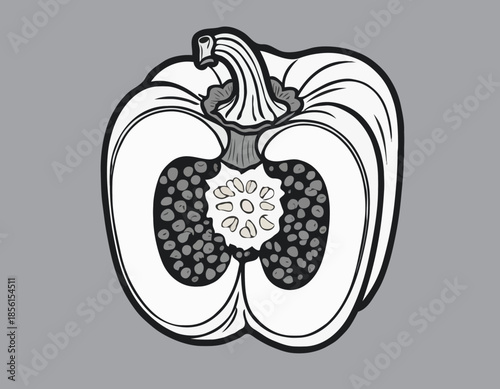 Monochrome Bell Pepper Cut Away Showing Seeds in Detailed Woodcut Style
