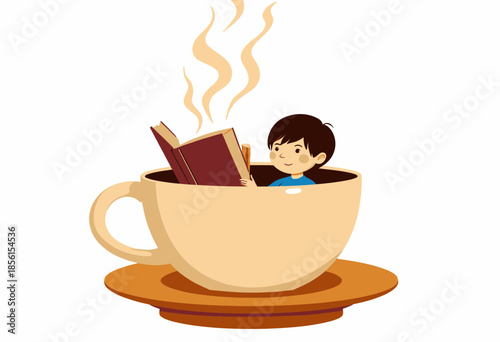 Illustration of a child cozily sitting inside a giant steaming coffee cup, engrossed in a book, symbolizing warmth, imagination, and the joy of reading