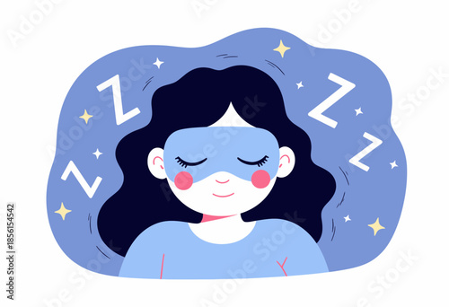 Illustration of a Peaceful Sleep Depicting a Woman with Sleep Mask and ZZZs in a Night Sky Scene with Stars