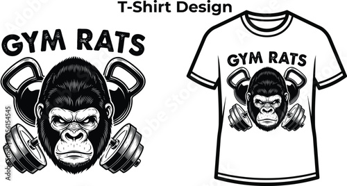 T-shirt design of Gym rats typography with gorilla holding kettlebell for fitness logo, strong animal muscle badge, workout power emblem and isolated on transparent sport graphic illustration
