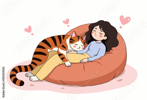 Illustration of a peaceful woman lovingly cuddling with her large tabby cat on a comfortable bean bag surrounded by hearts symbolizing affection and relaxation