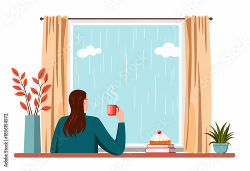 Serene Moment of Relaxation Indoors with Coffee and Rainy Weather from a Cozy Window Seat Overlooking the Peaceful Rainfall Outside