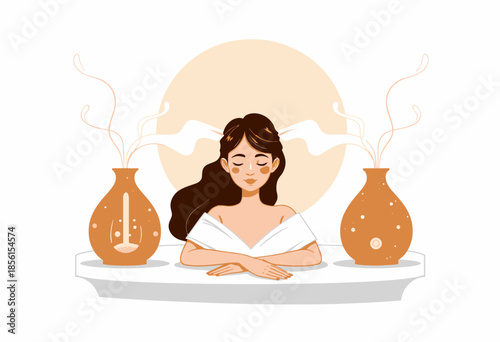 Serene Woman in White Robe Meditating on Calmness with Decorative Vases on Abstract Background with Earth Tones and Artistic Flair