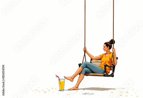 Woman in Casual Attire Relaxing on a Swing with a Refreshing Drink Nearby Against a Minimalist White Background