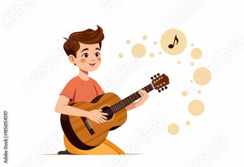 Young boy joyfully playing acoustic guitar with musical notes floating in a whimsical illustration capturing the essence of musical exploration