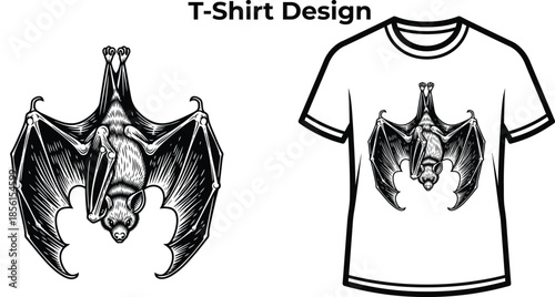 T-shirt design of Hanging bat illustration for halloween logo design, spooky vampire animal badge, scary night creature emblem and isolated on transparent nature graphic sketch