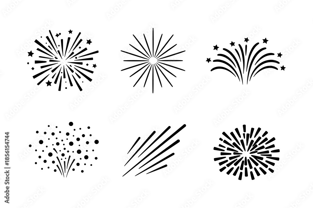 Obraz premium Black and white fireworks silhouettes set with various patterns and starbursts