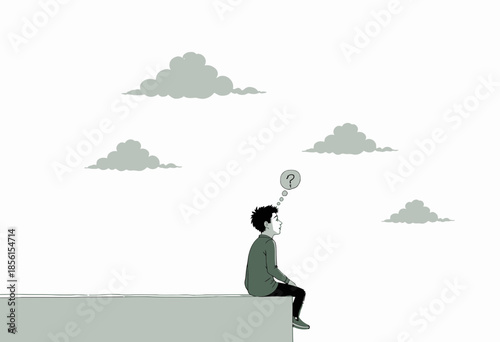 Contemplative Moment: A Person Sitting on Edge with Question Mark in Thought Bubble Against Cloudy Sky