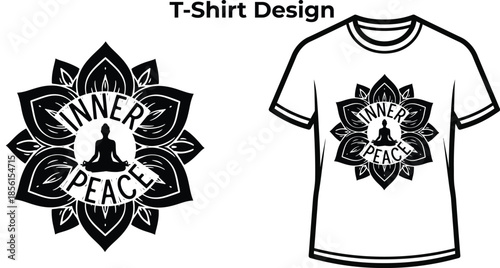 T-shirt design of Inner peace typography with lotus flower and yoga silhouette for wellness logo, meditation relax badge, spiritual zen emblem and isolated on transparent graphic illustration