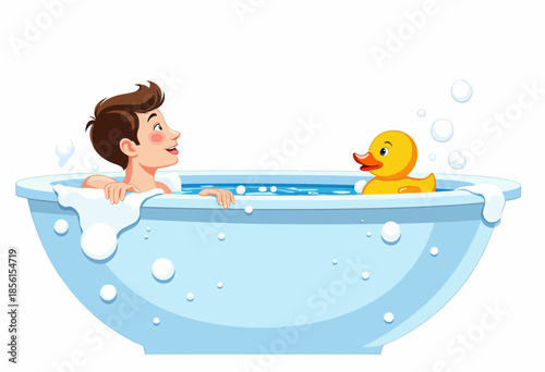A Cheerful Young Boy Enjoying Bath Time with a Yellow Rubber Duck, Surrounded by Bubbles, in a Large Blue Bathtub on a White Background