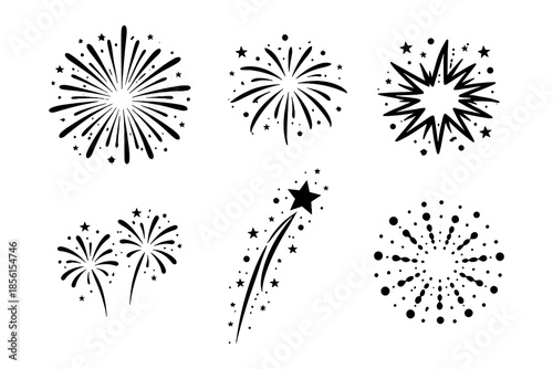 Black and white fireworks with stars: explosive celebration silhouettes