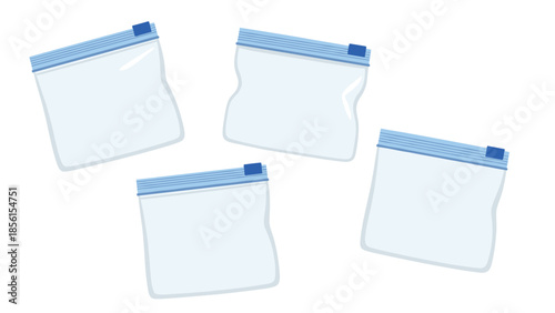 Collection of four empty clear plastic freezer bags with blue zipper seals, perfect for food storage and organization in the kitchen.
