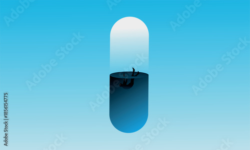 Conceptual mental health illustration with human silhouette inside capsule. Symbol of isolation, depression, medication, psychological treatment and emotional confinement.