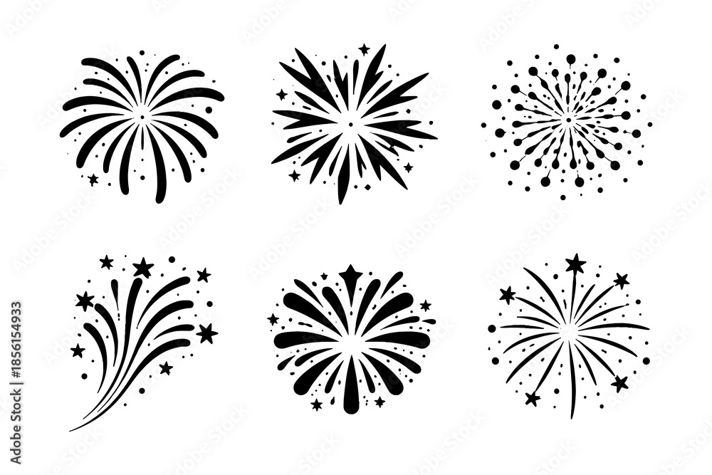 Obraz premium Festive fireworks collection: black silhouette set of bursts and explosions