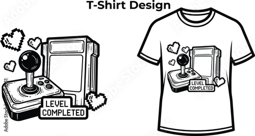 T-shirt design of Level completed typography with joystick for gaming logo design, retro video arcade badge, electronic play emblem and isolated on transparent technology graphic illustration