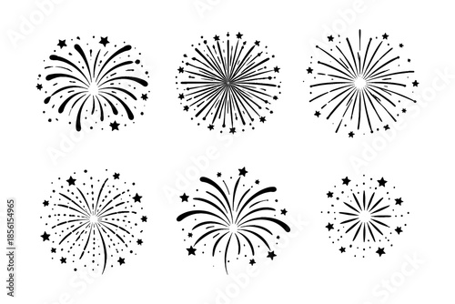 Festive black and white fireworks set with various starburst patterns