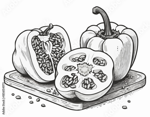 Monochrome Bell Pepper Cut Away Showing Seeds in Detailed Woodcut Style
