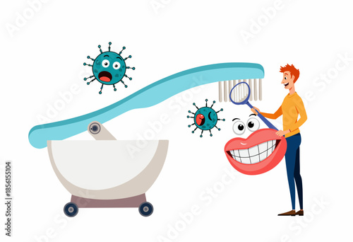 Illustration of a Man Cleaning a Giant Tooth with Large Cartoon Germs and Smiling Lips in a Humorous Scene