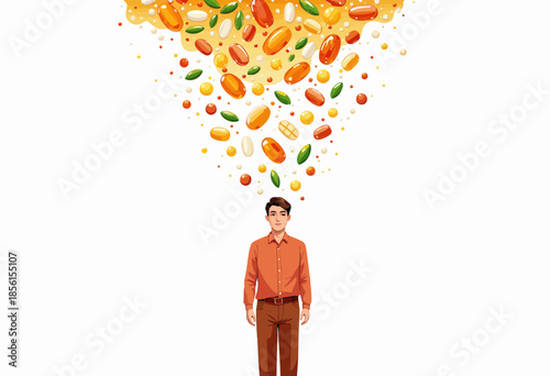 Man Standing with a Cascade of Multicolored Capsules and Tablets Flowing Downward Creating a Vivid Display of Various Pills and Vitamins