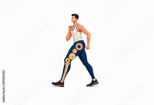Illustration of a Person Walking with Visible Mechanical Gears in Leg Representing Biomechanical Movement and Technological Integration in Human Anatomy
