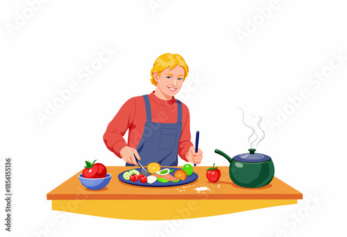 A young person preparing a healthy meal by slicing fresh vegetables on a kitchen countertop while a pot of soup is simmering beside a bowl of apples