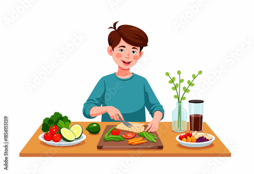 Young person happily preparing a healthy meal with a variety of fresh vegetables, fruits, and nutritious ingredients on a clean kitchen table