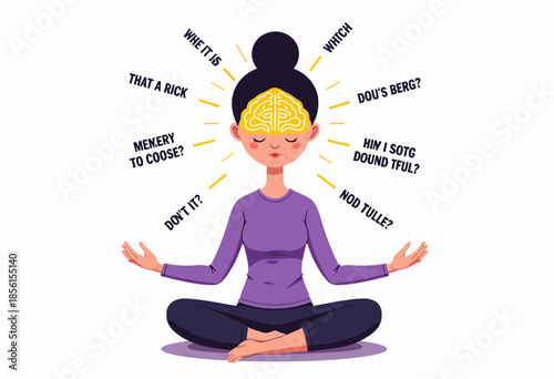 Illustration of a meditating person with jumbled brain signals symbolizing confusion and thought processing challenges in a cartoon style drawing