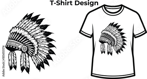 T-shirt design of Native american headdress illustration for tribal logo design, ethnic chief feathers badge, history culture emblem and isolated on transparent warrior graphic sketch