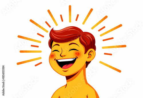 Joyful illustration depicting a cheerful child with a radiant smile, surrounded by sunburst rays conveying happiness, positivity, and warmth on a bright day