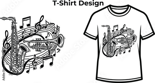 T-shirt design of Musical instrument saxophone illustration for jazz logo design, classic melody sound badge, orchestra concert emblem and isolated on transparent audio graphic sketch