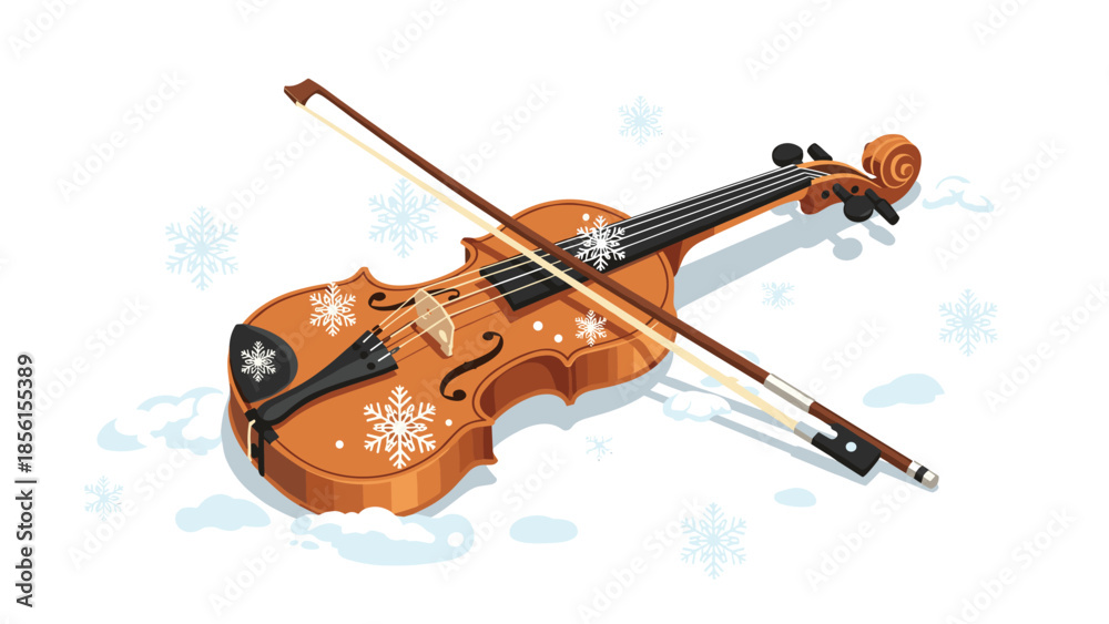Fototapeta premium Beautiful brown violin with its bow, adorned with delicate snowflakes, lying gently on a pristine white snowy surface, evoking winter melodies.