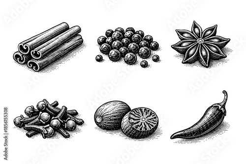 Engraved spice collection: cinnamon, cloves, nutmeg, and more in classic style