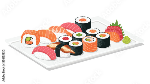 Exquisite platter filled with a diverse selection of fresh sushi and sashimi, including maki rolls, nigiri, and delicate sashimi slices.