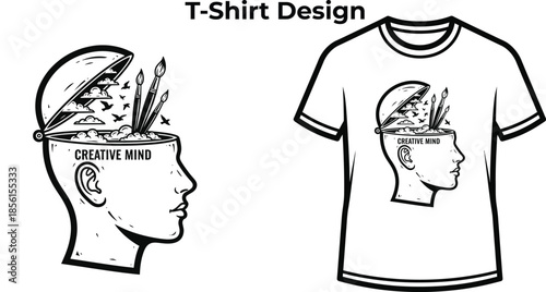 T-shirt design of Open mind illustration with clouds and ladder for idea logo, creative imagination badge, psychology dream emblem and isolated on transparent head graphic sketch