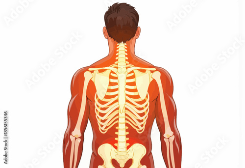 Illustration of Human Musculoskeletal System Highlighting Spine and Back Muscles from a Rear View Perspective for Educational and Anatomical Study