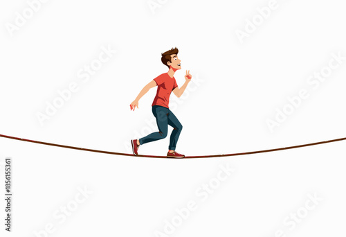 Young man confidently balances and walks on a tightrope exhibiting agility, focus, and precision in an outdoor adventure or circus training setting.