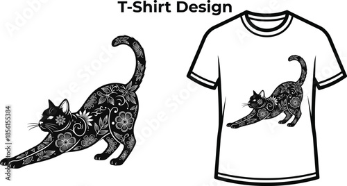 T-shirt design of Playful cat illustration with ball for pet shop logo design, cute feline animal badge, domestic kitty emblem and isolated on transparent mammal graphic sketch