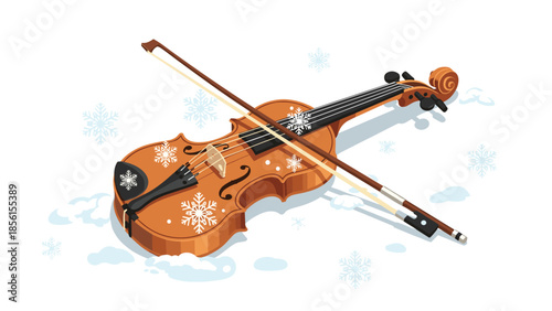 Beautiful brown violin with its bow, adorned with delicate snowflakes, lying gently on a pristine white snowy surface, evoking winter melodies.