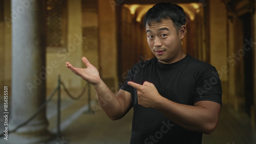 Photos Man smiling and extends hand for greeting in old town street corridor lined with stone columns; friendliness